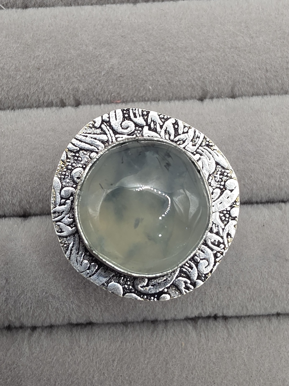 Silver Plated Ring Size 7 1/4 with Prehnite Cabochon